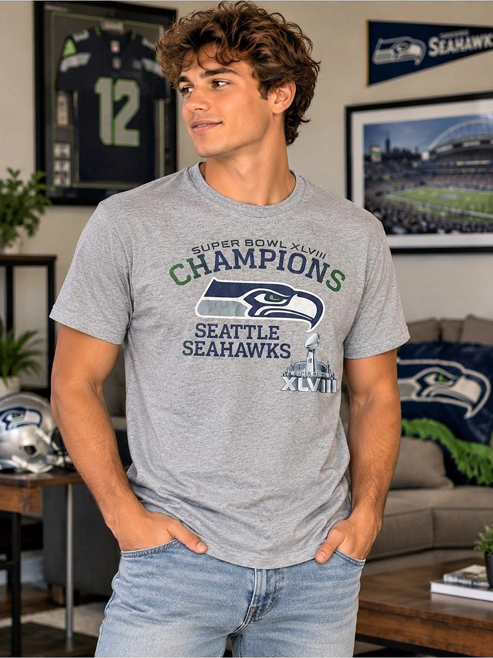 Vintage Seattle Seahawks Super Bowl XLVIII Champions T-
Shirt Men's M Gray NFL